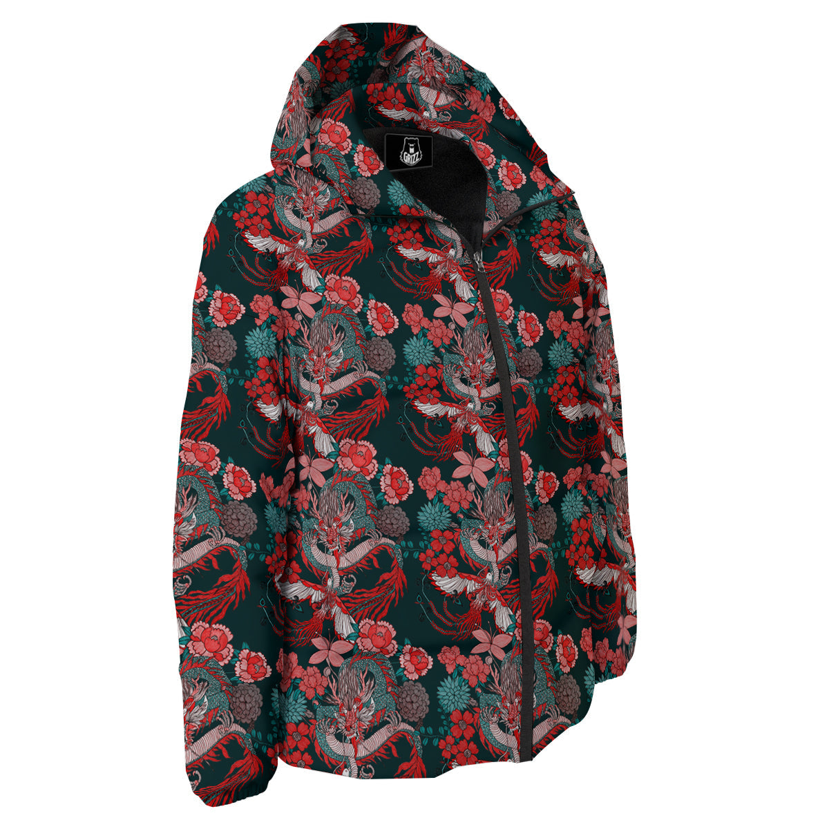 Flower Dragon Vintage Print Pattern Down Jacket-grizzshop