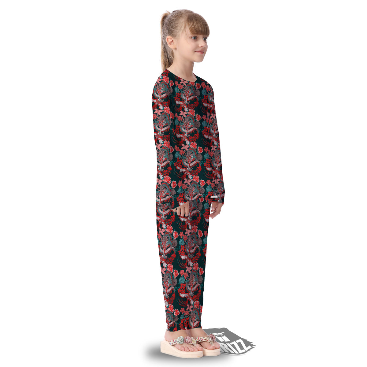 Flower Dragon Vintage Print Pattern Kid's Pajamas-grizzshop