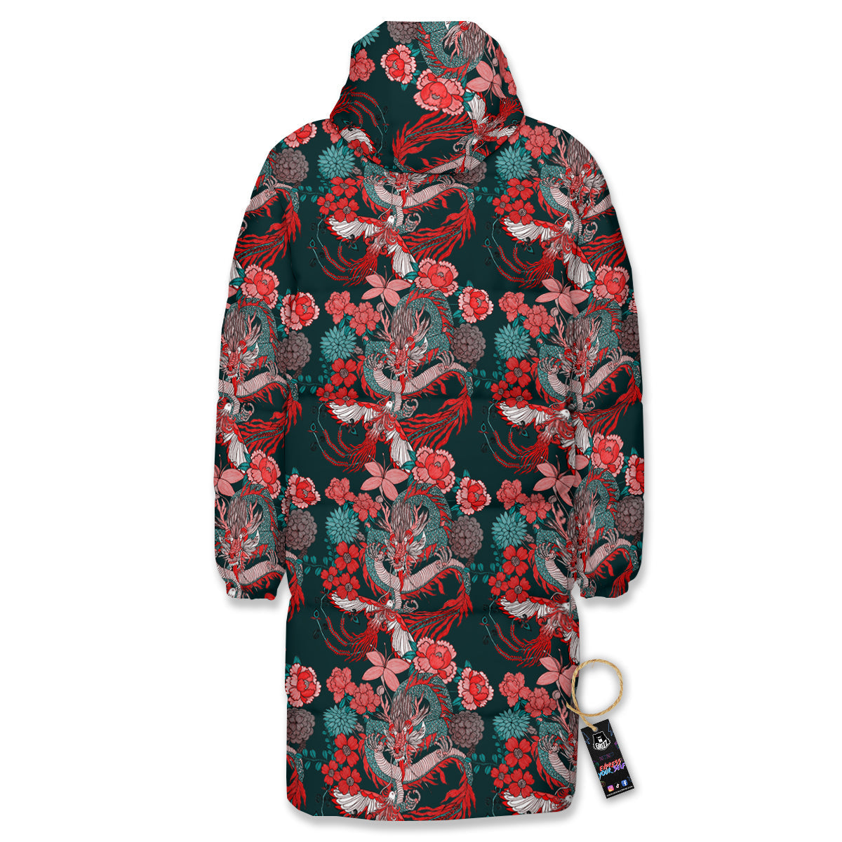 Flower Dragon Vintage Print Pattern Long Down Jacket-grizzshop