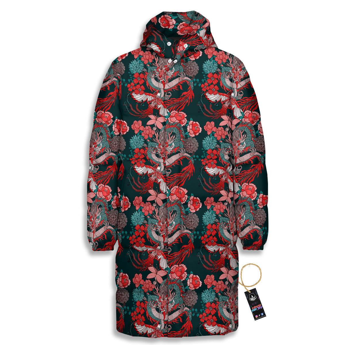 Flower Dragon Vintage Print Pattern Long Down Jacket-grizzshop