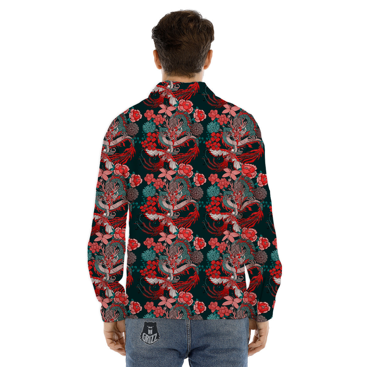 Flower Dragon Vintage Print Pattern Men's Dress Shirts-grizzshop
