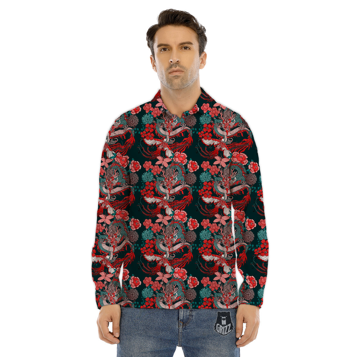 Flower Dragon Vintage Print Pattern Men's Dress Shirts-grizzshop