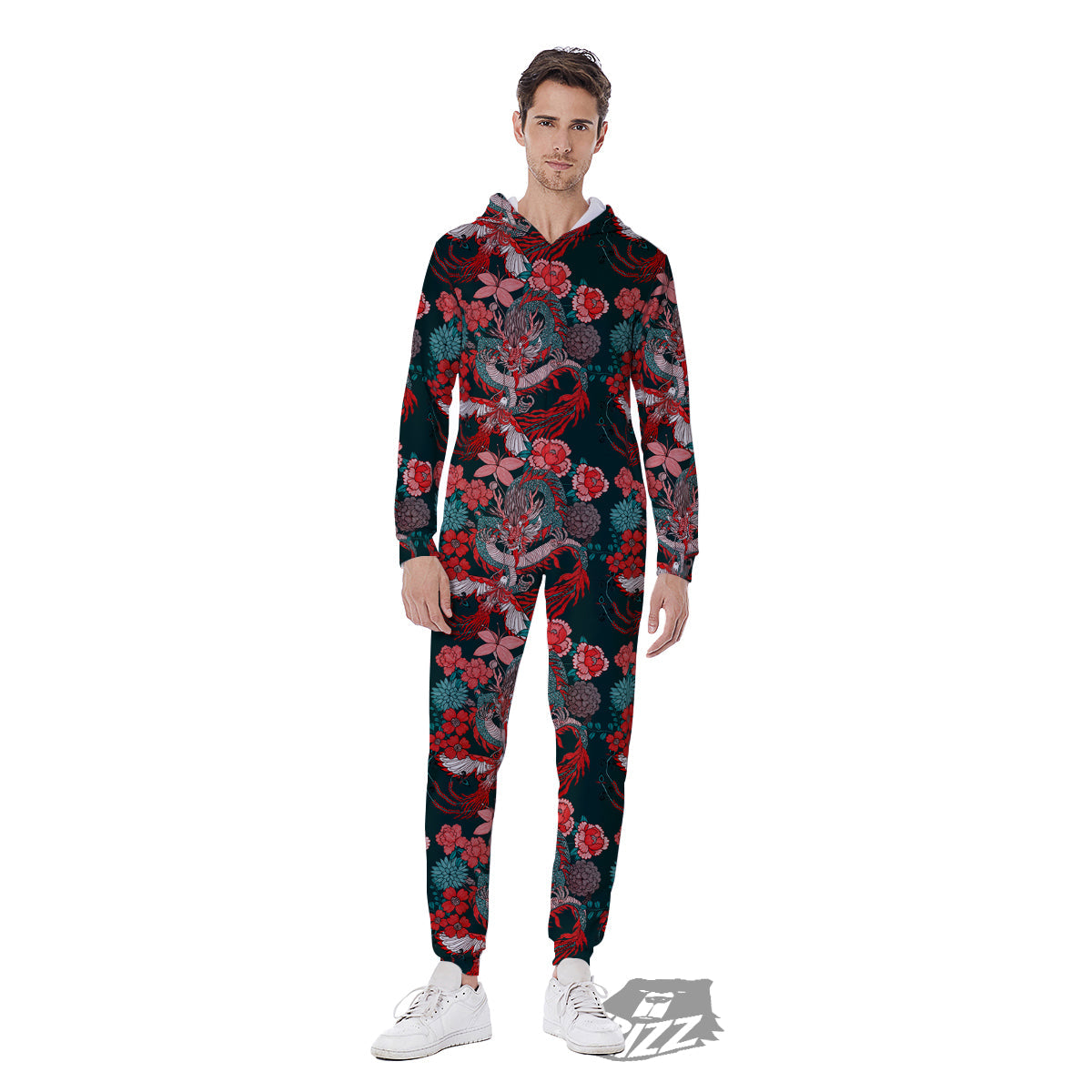 Flower Dragon Vintage Print Pattern Men's Jumpsuit-grizzshop