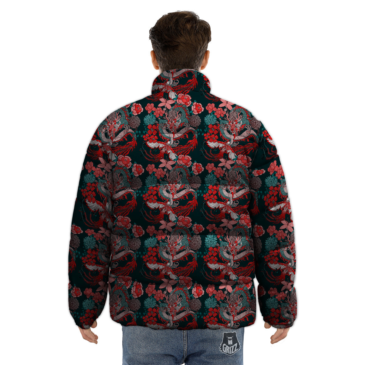 Flower Dragon Vintage Print Pattern Puffer Jacket-grizzshop