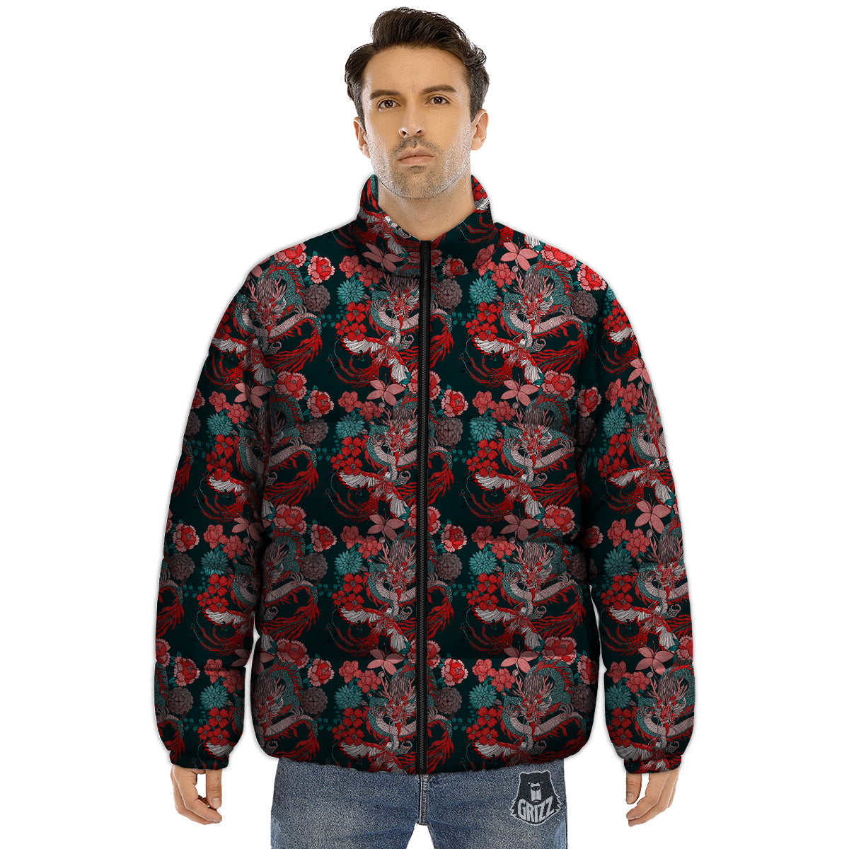 Flower Dragon Vintage Print Pattern Puffer Jacket-grizzshop