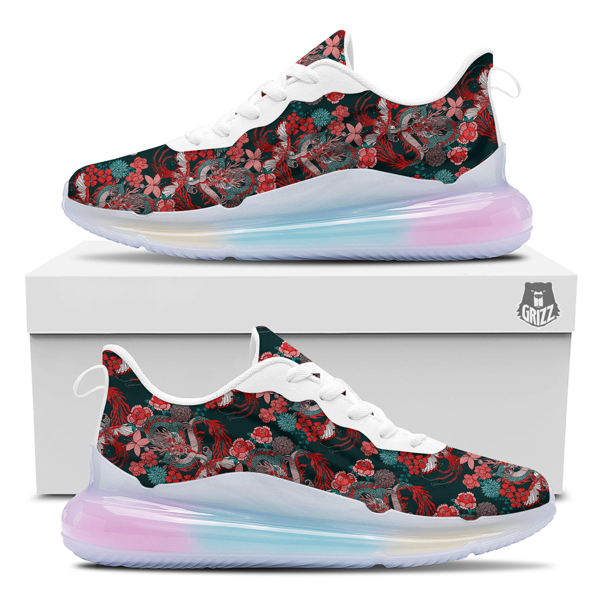 Flower Dragon Vintage Print Pattern Running Sneakers-grizzshop