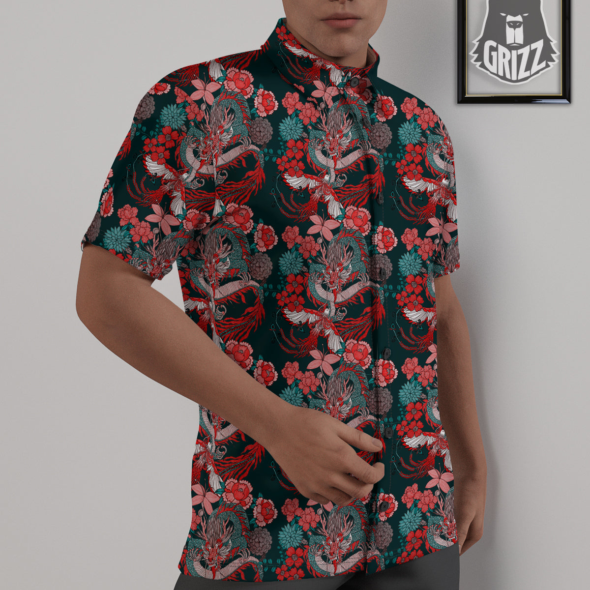 Flower Dragon Vintage Print Pattern Untucked Shirts-grizzshop