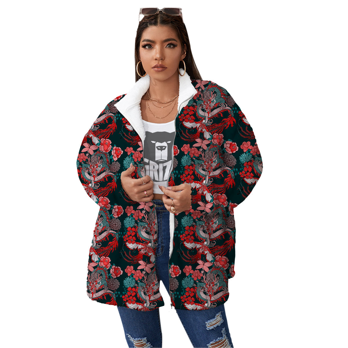 Flower Dragon Vintage Print Pattern Women's Sherpa Jacket-grizzshop