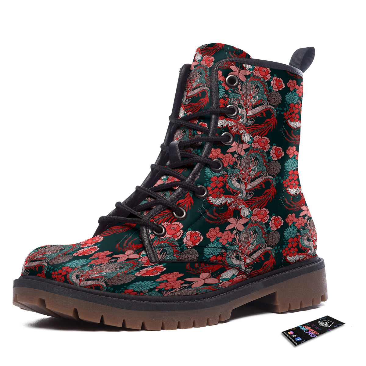Flower Dragon Vintage Print Pattern Work Boots-grizzshop