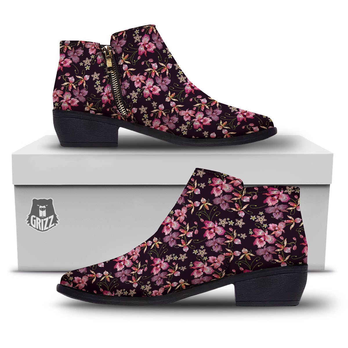 Flower Embroidery Orchid Print Pattern Ankle Boots-grizzshop