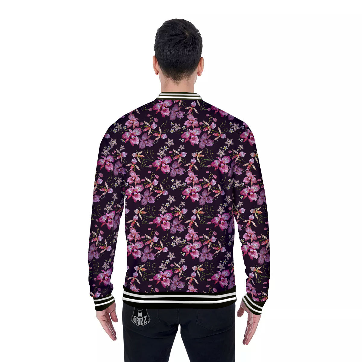 Flower Embroidery Orchid Print Pattern Baseball Jacket-grizzshop