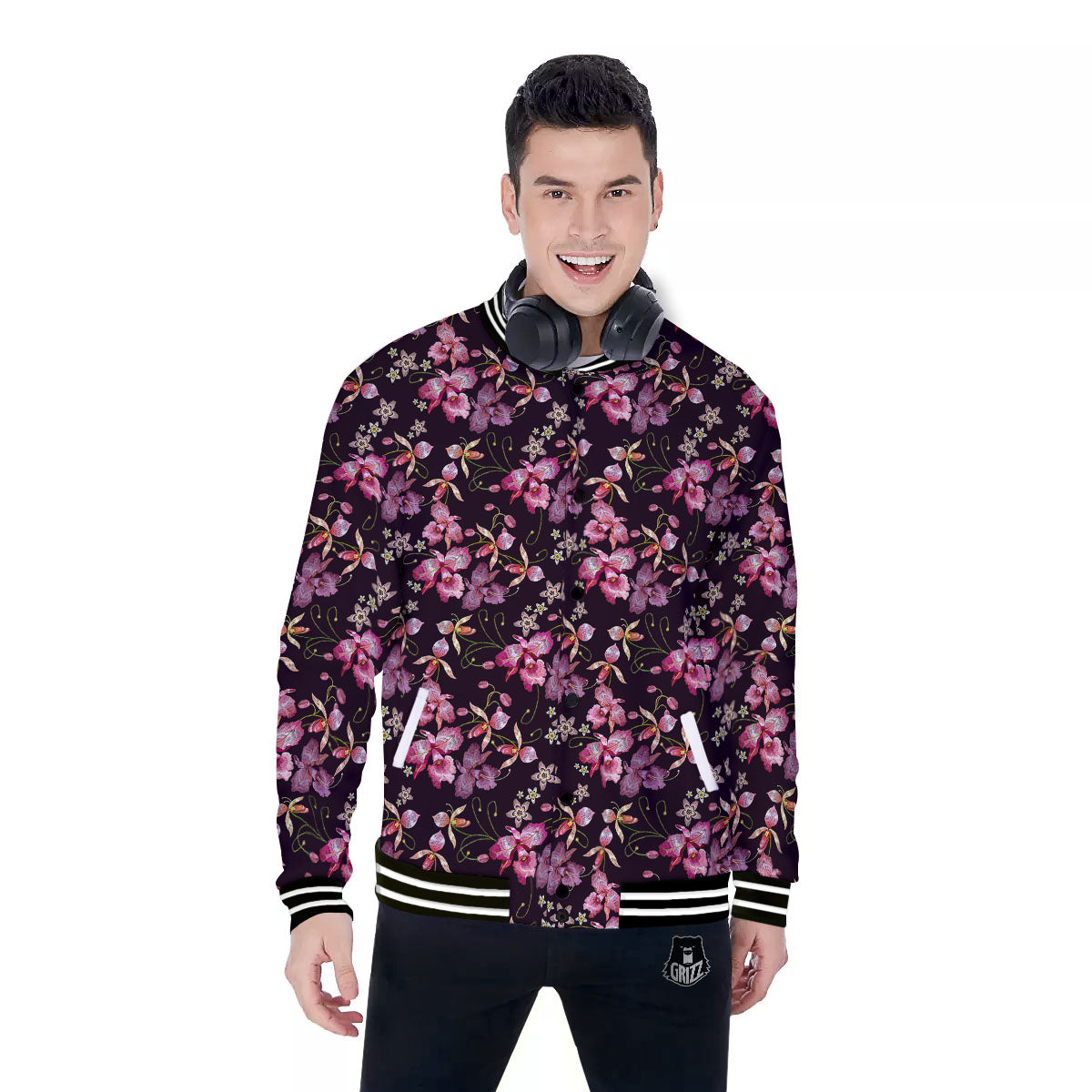 Flower Embroidery Orchid Print Pattern Baseball Jacket-grizzshop