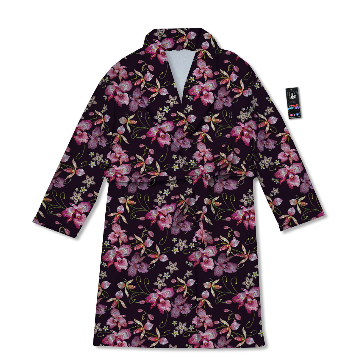 Flower Embroidery Orchid Print Pattern Bathrobe-grizzshop
