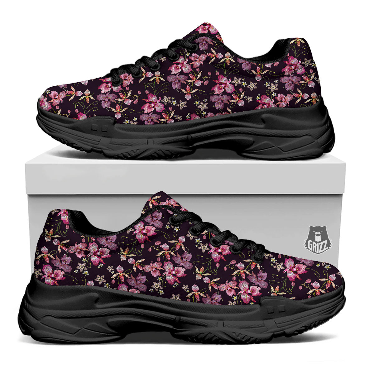 Flower Embroidery Orchid Print Pattern Black Chunky Shoes-grizzshop