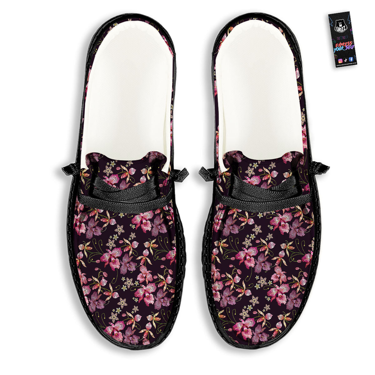 Flower Embroidery Orchid Print Pattern Black Loafers-grizzshop