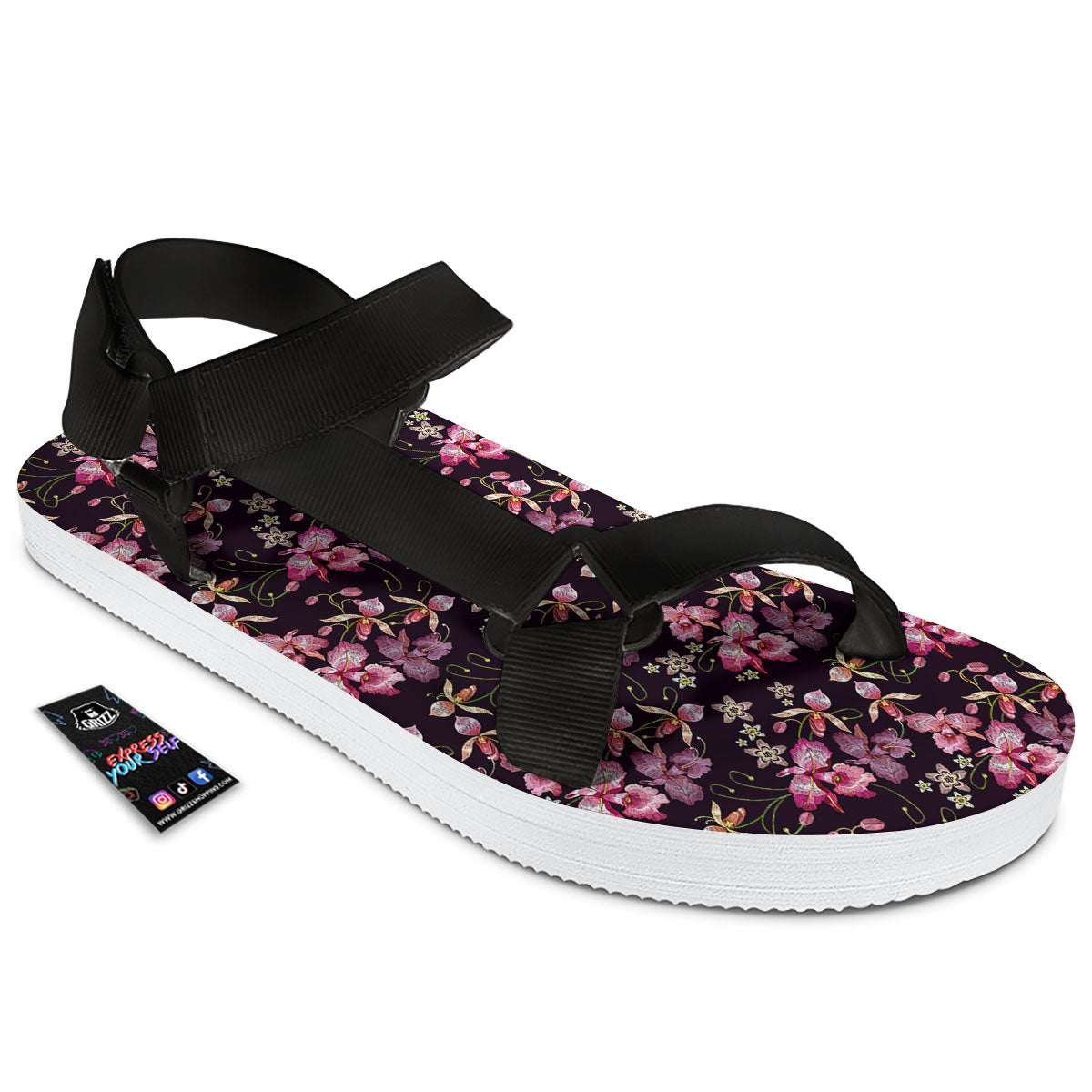 Flower Embroidery Orchid Print Pattern Black Open Toe Sandals-grizzshop