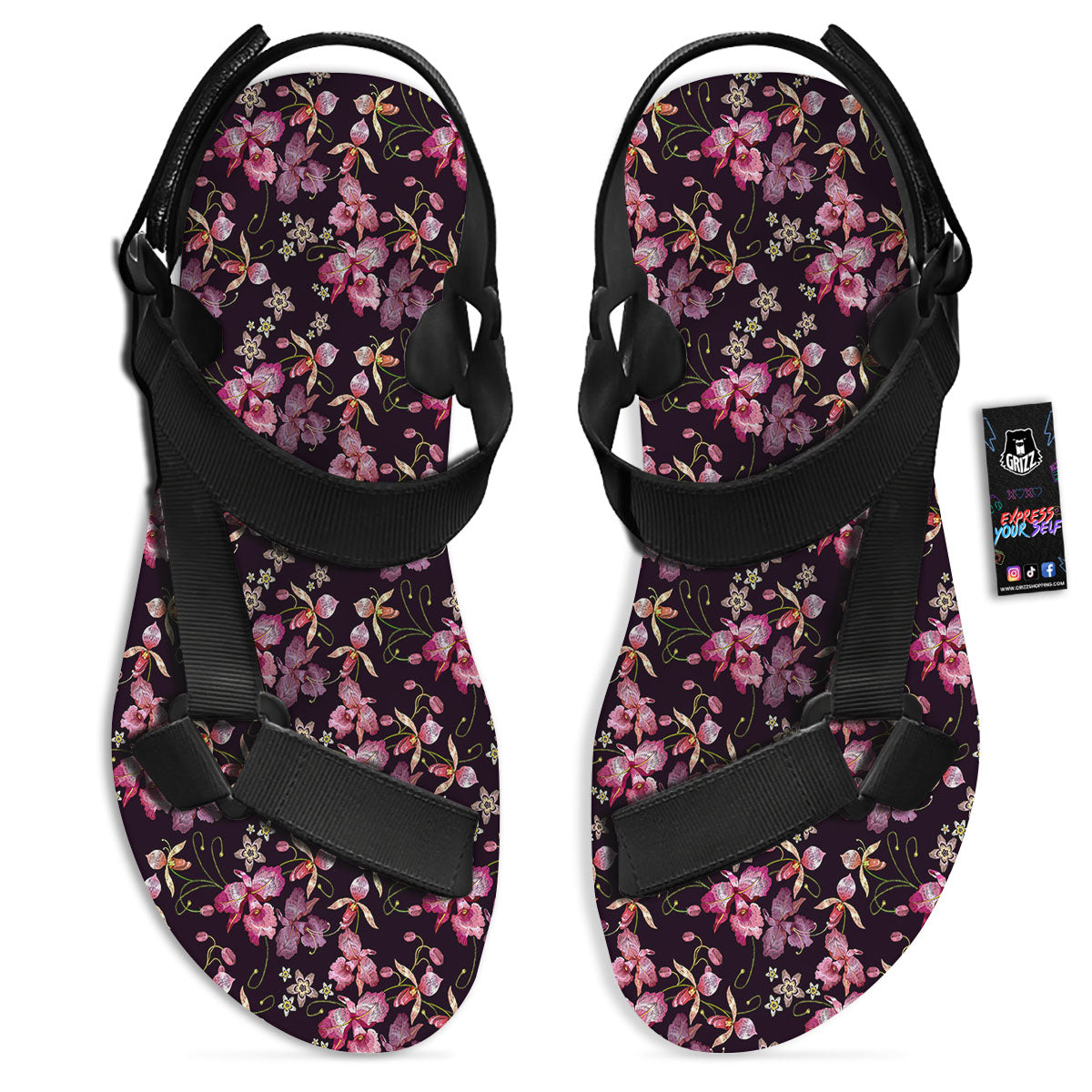 Flower Embroidery Orchid Print Pattern Black Open Toe Sandals-grizzshop