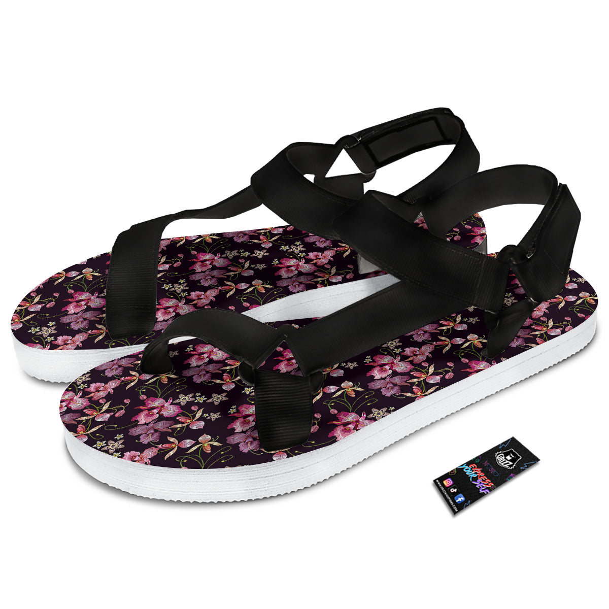 Flower Embroidery Orchid Print Pattern Black Open Toe Sandals-grizzshop