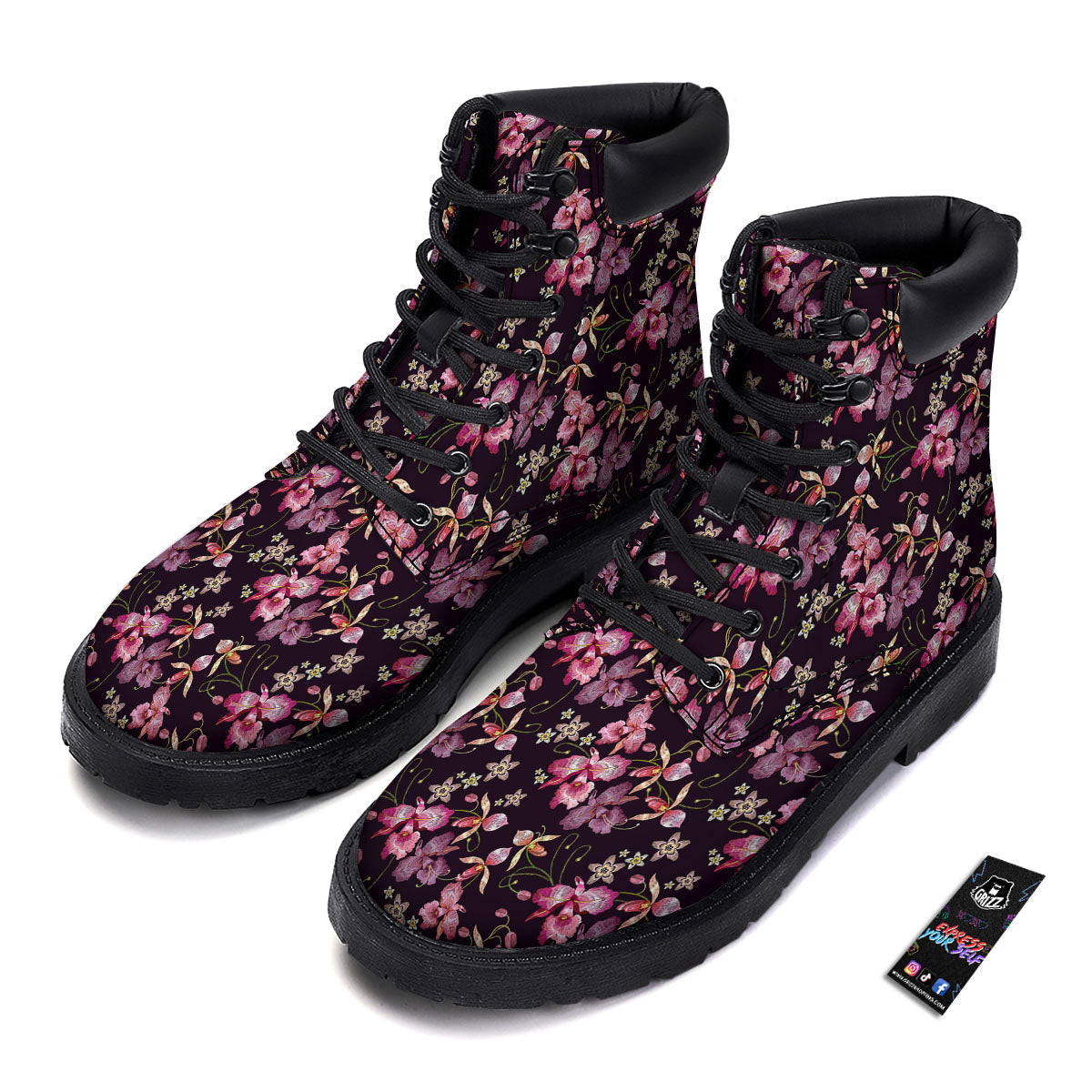 Flower Embroidery Orchid Print Pattern Boots-grizzshop