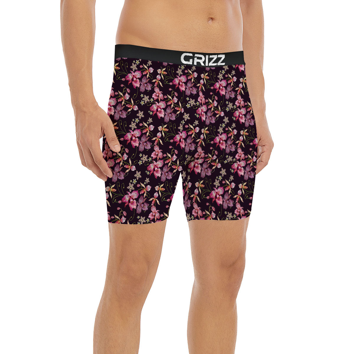 Flower Embroidery Orchid Print Pattern Boxer Briefs-grizzshop