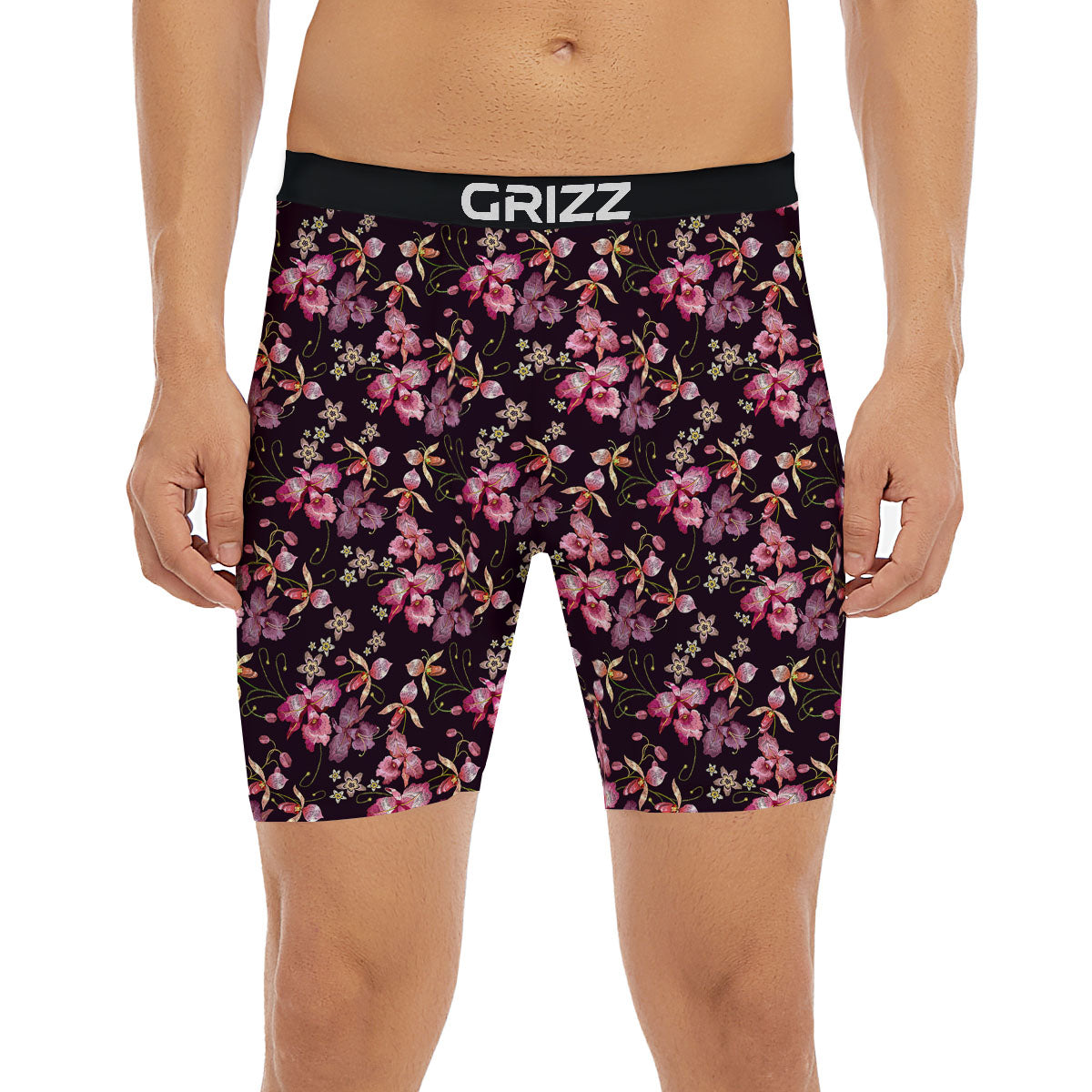 Flower Embroidery Orchid Print Pattern Boxer Briefs-grizzshop