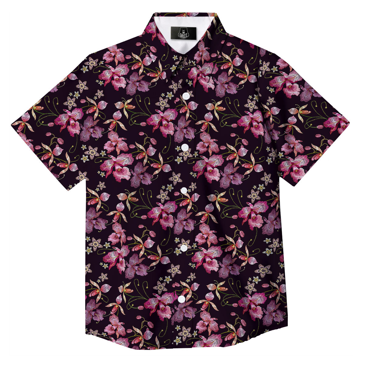 Flower Embroidery Orchid Print Pattern Button Up Shirt-grizzshop