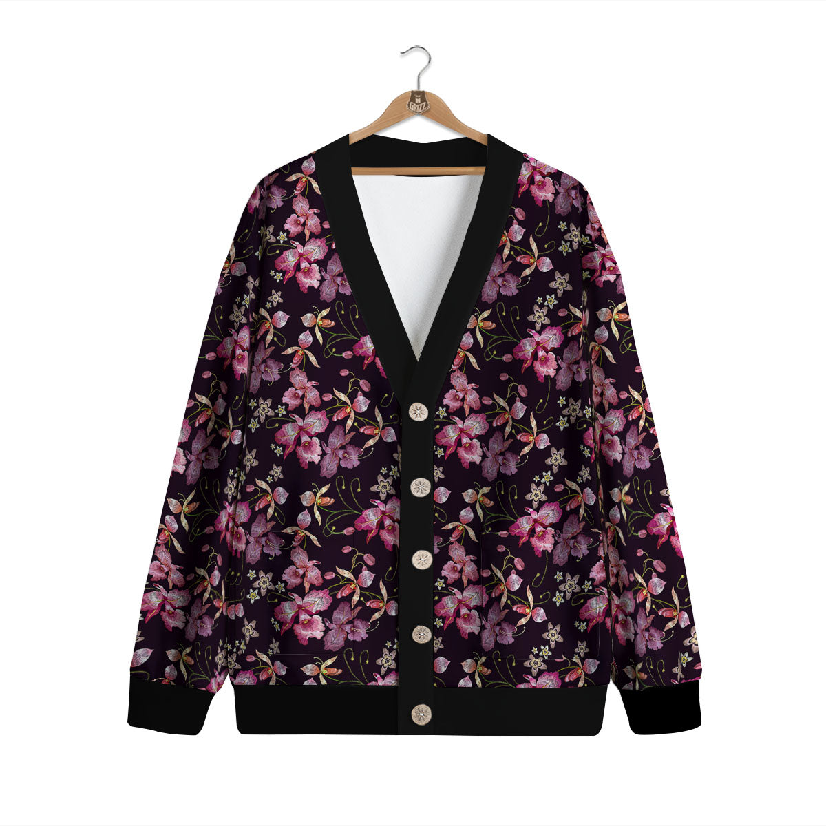 Flower Embroidery Orchid Print Pattern Cardigan-grizzshop