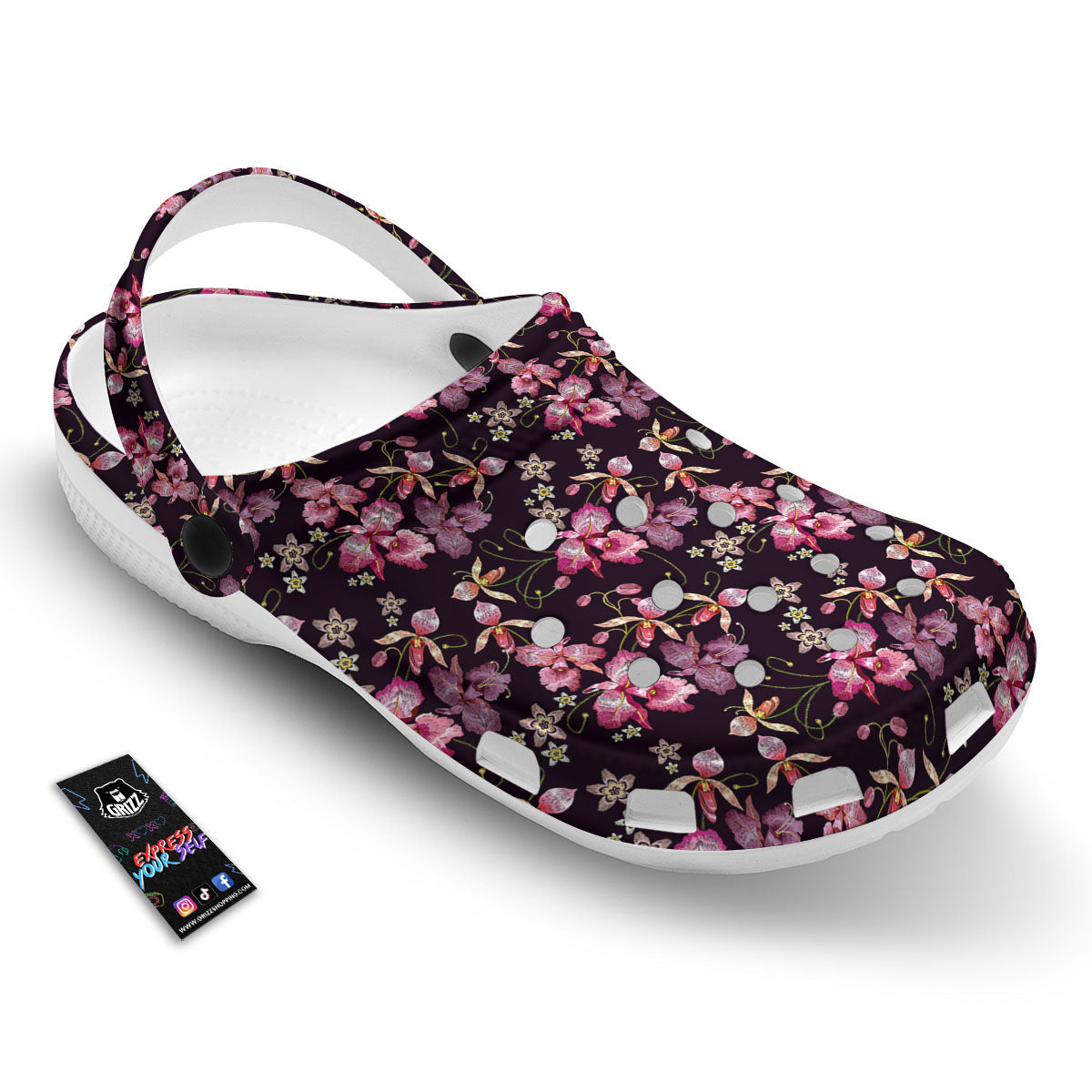 Flower Embroidery Orchid Print Pattern Clog-grizzshop