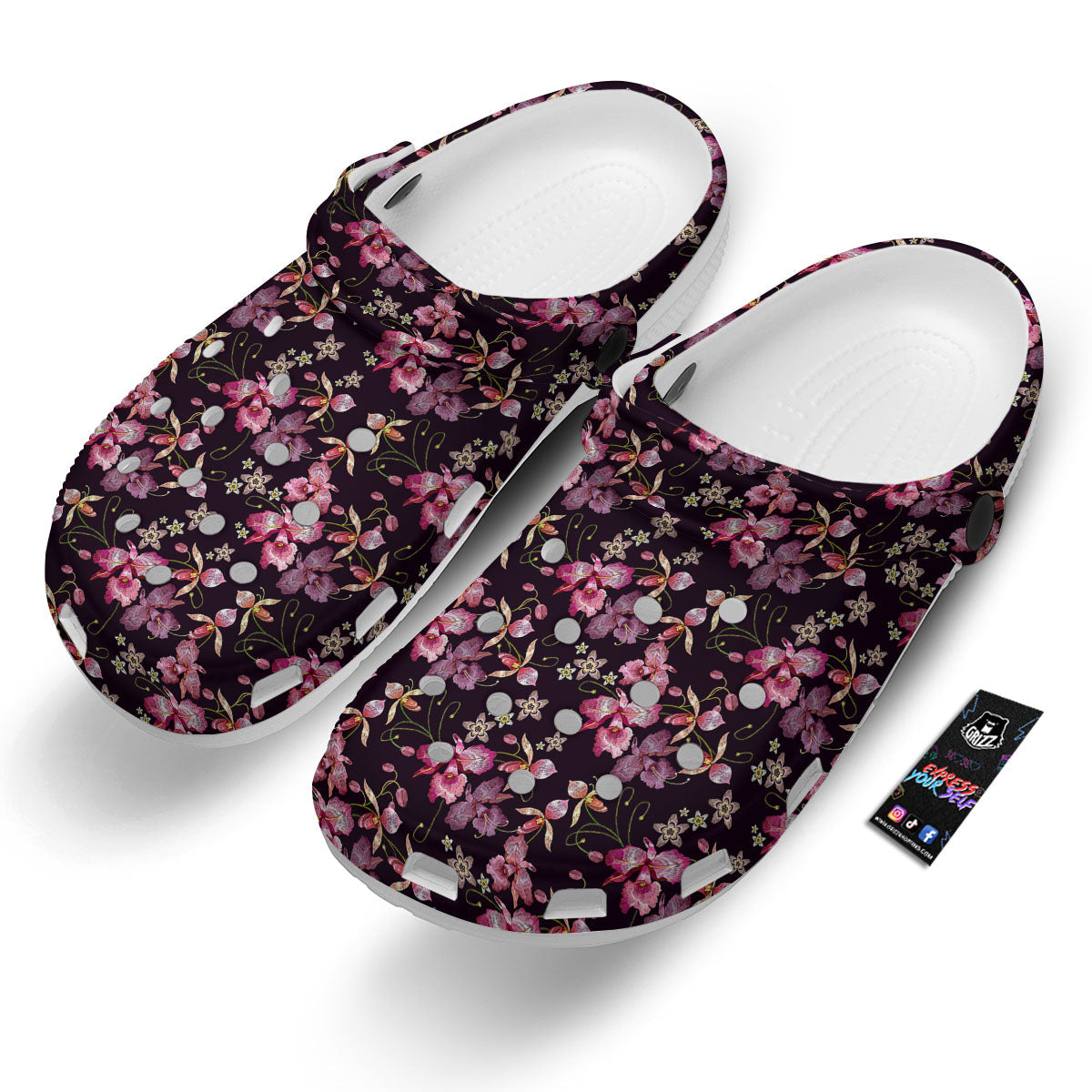 Flower Embroidery Orchid Print Pattern Clog-grizzshop