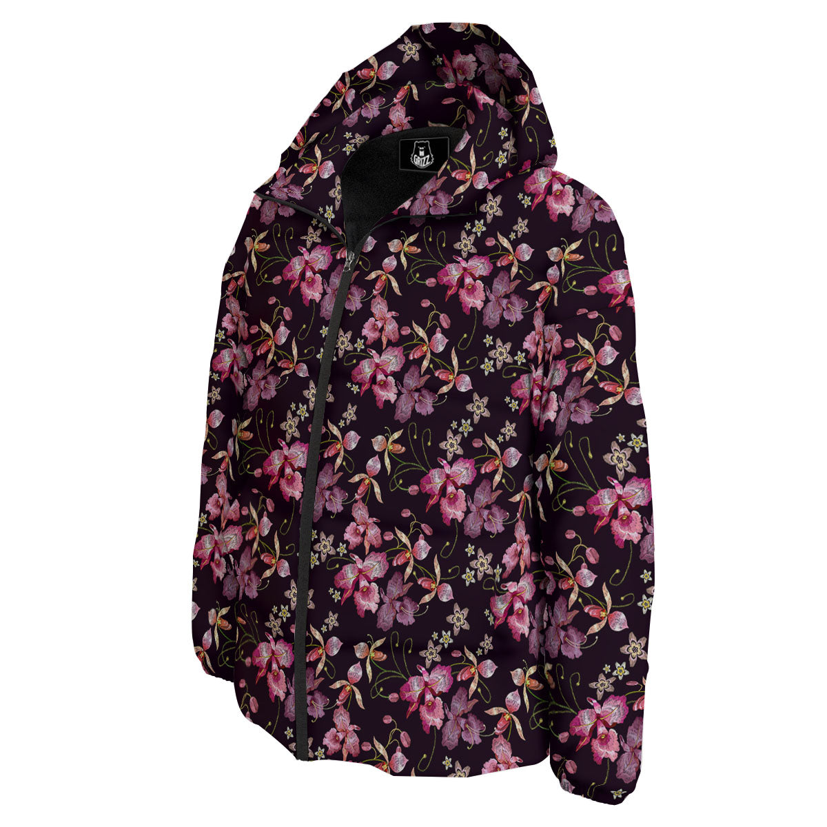 Flower Embroidery Orchid Print Pattern Down Jacket-grizzshop