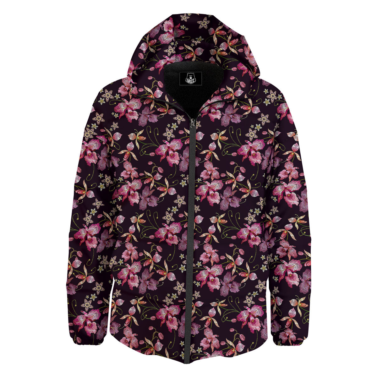 Flower Embroidery Orchid Print Pattern Down Jacket-grizzshop