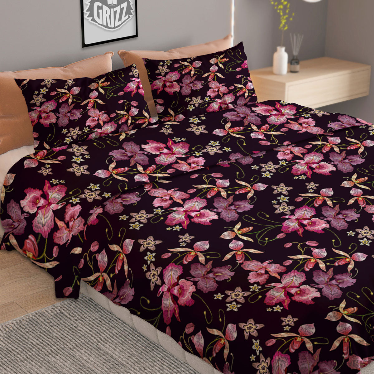Flower Embroidery Orchid Print Pattern Duvet Cover Bedding Set