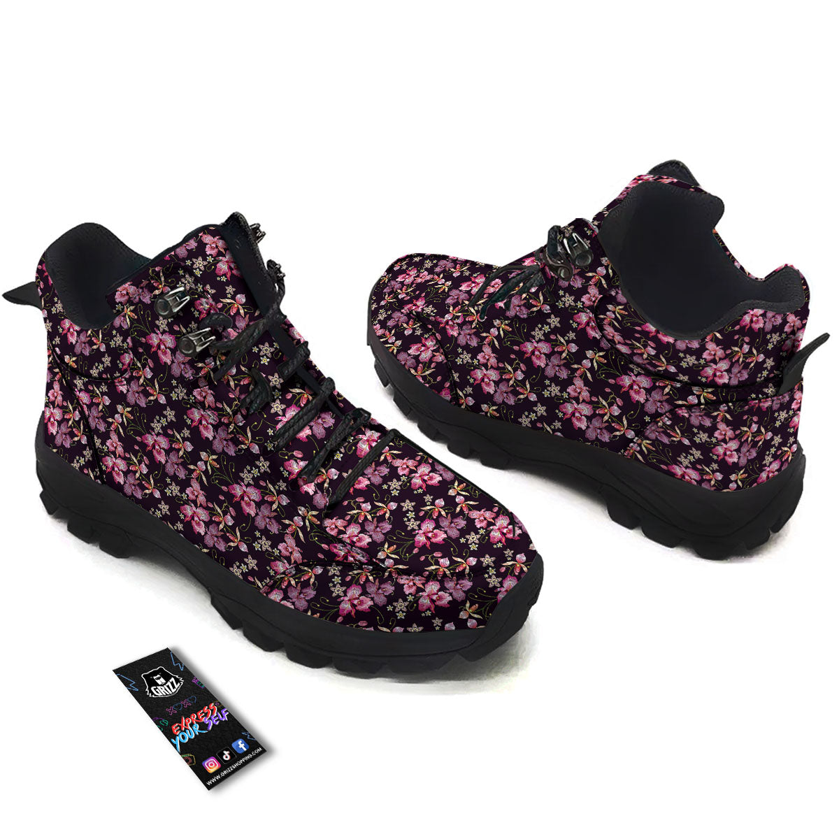 Flower Embroidery Orchid Print Pattern Hiking Shoes-grizzshop