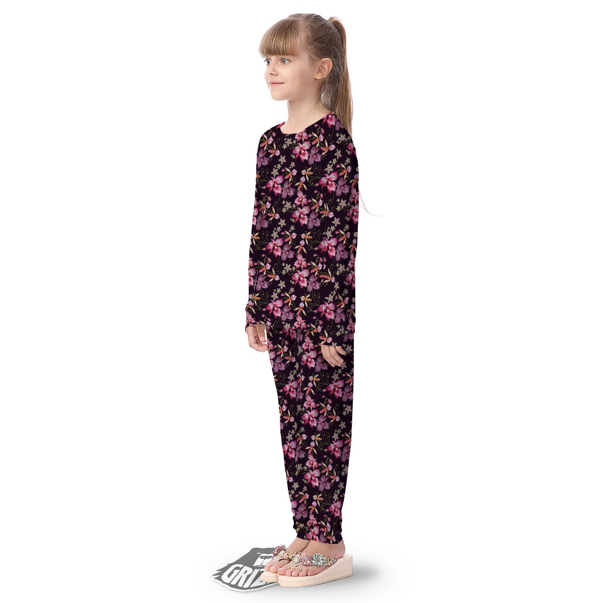 Flower Embroidery Orchid Print Pattern Kid's Pajamas-grizzshop