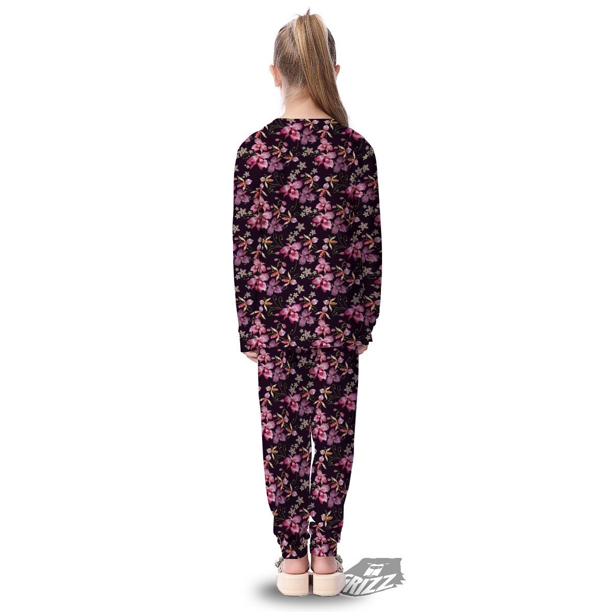 Flower Embroidery Orchid Print Pattern Kid's Pajamas-grizzshop