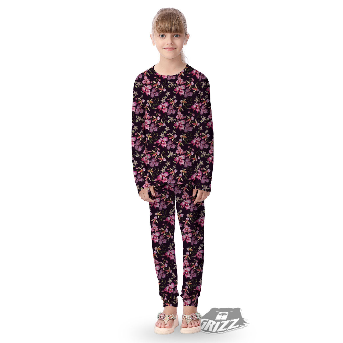 Flower Embroidery Orchid Print Pattern Kid's Pajamas-grizzshop