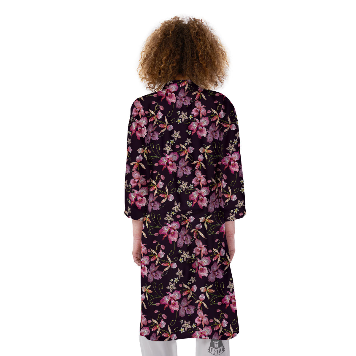 Flower Embroidery Orchid Print Pattern Kimono-grizzshop