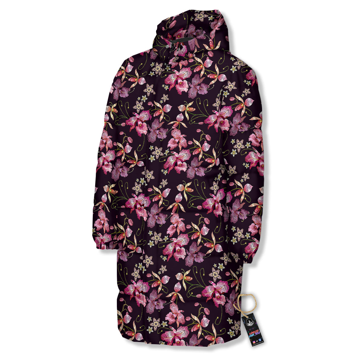 Flower Embroidery Orchid Print Pattern Long Down Jacket-grizzshop