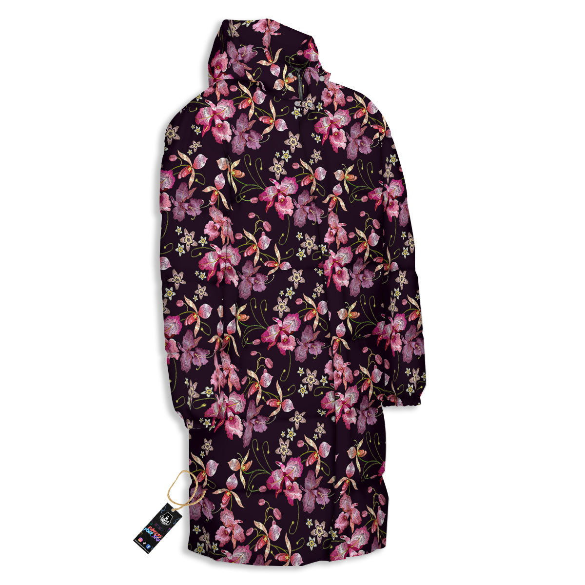 Flower Embroidery Orchid Print Pattern Long Down Jacket-grizzshop
