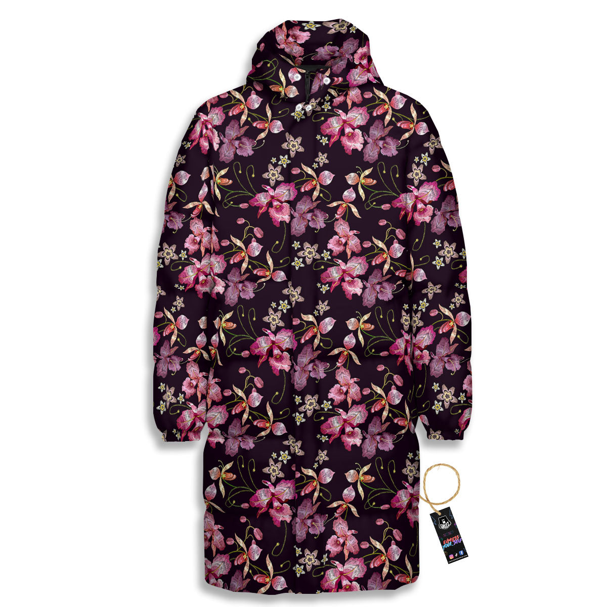 Flower Embroidery Orchid Print Pattern Long Down Jacket-grizzshop