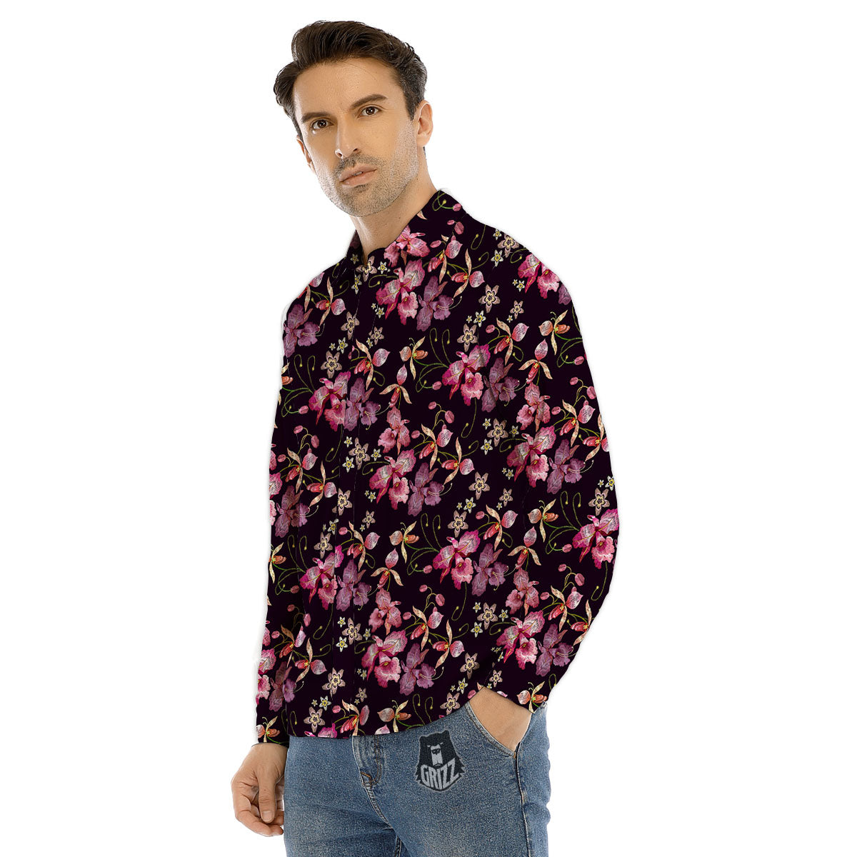 Flower Embroidery Orchid Print Pattern Men's Dress Shirts-grizzshop