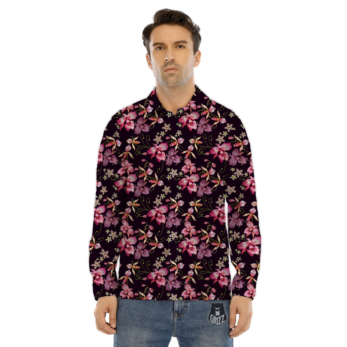 Flower Embroidery Orchid Print Pattern Men's Dress Shirts-grizzshop