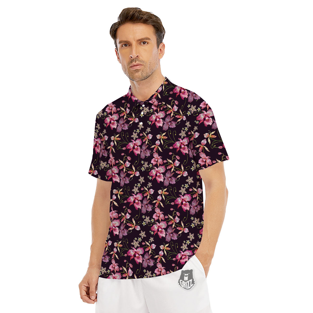 Flower Embroidery Orchid Print Pattern Men's Golf Shirts-grizzshop