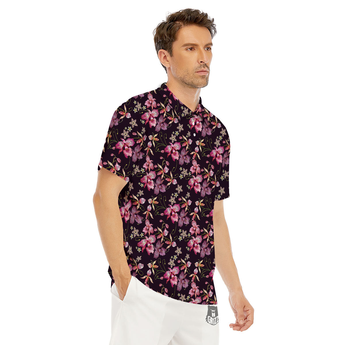 Flower Embroidery Orchid Print Pattern Men's Golf Shirts-grizzshop
