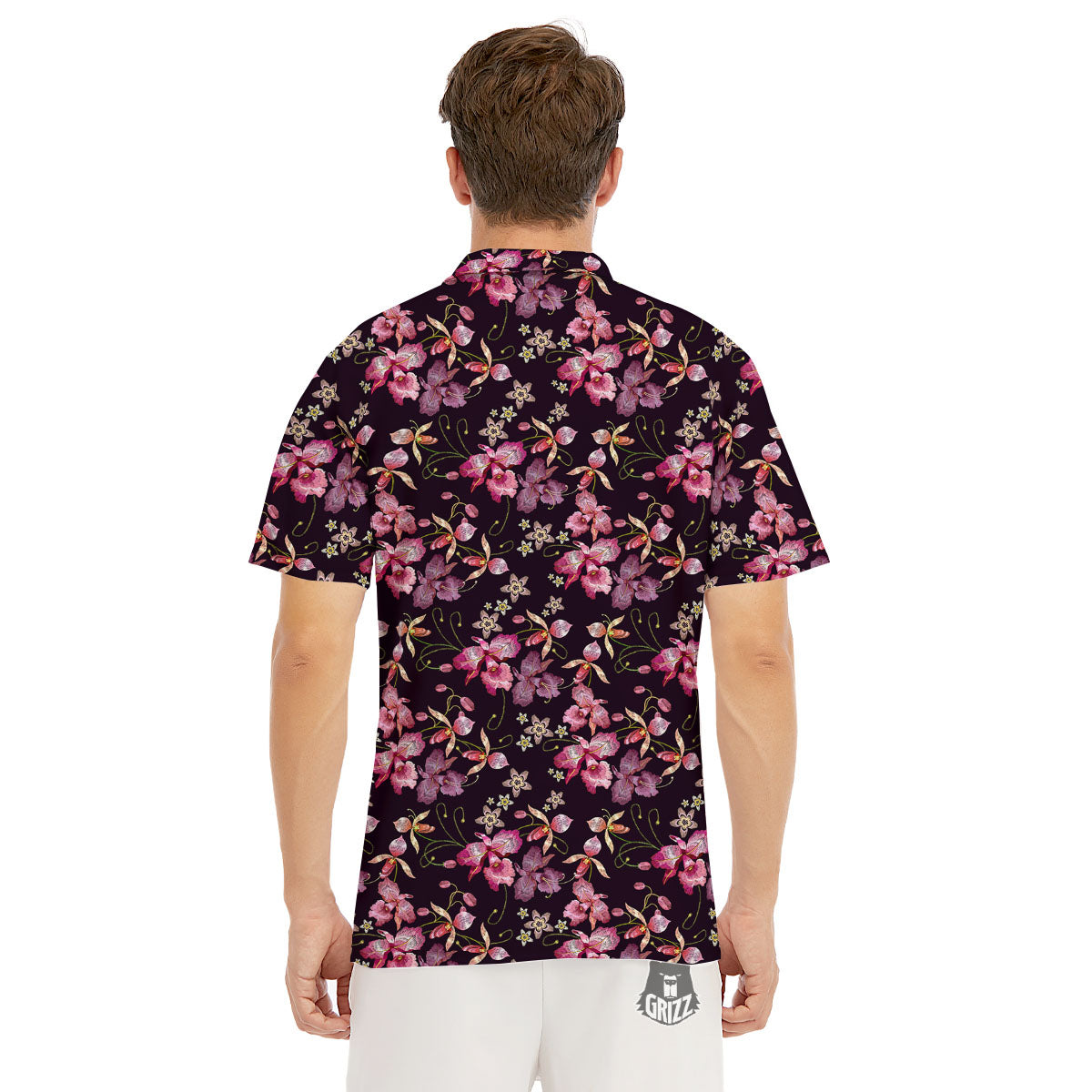Flower Embroidery Orchid Print Pattern Men's Golf Shirts-grizzshop