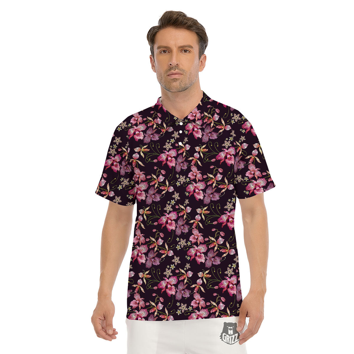 Flower Embroidery Orchid Print Pattern Men's Golf Shirts-grizzshop