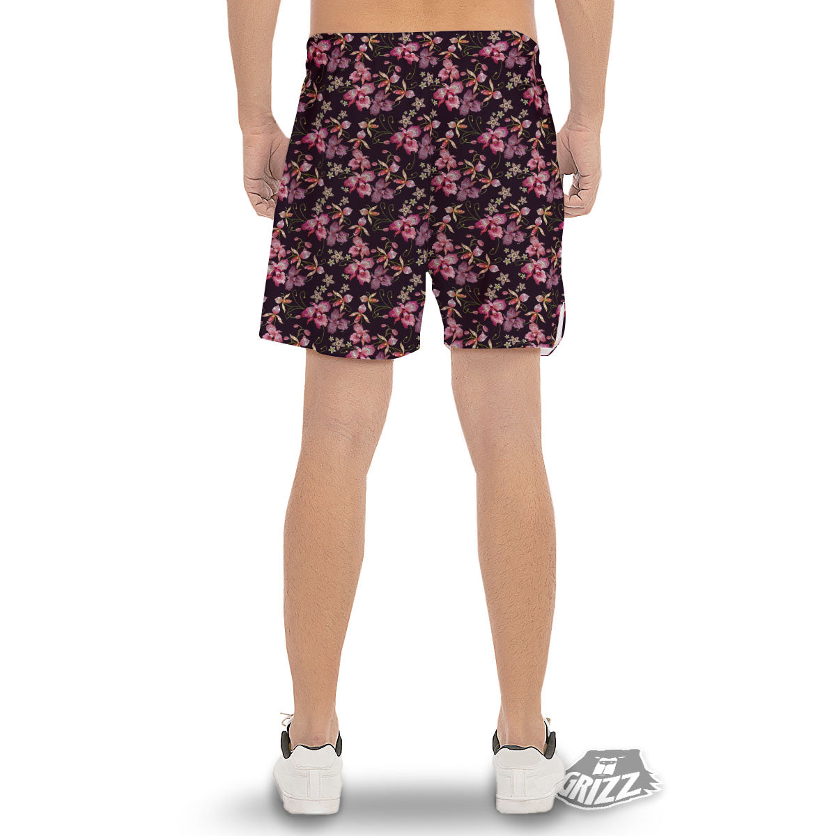 Flower Embroidery Orchid Print Pattern Men's Gym Shorts-grizzshop