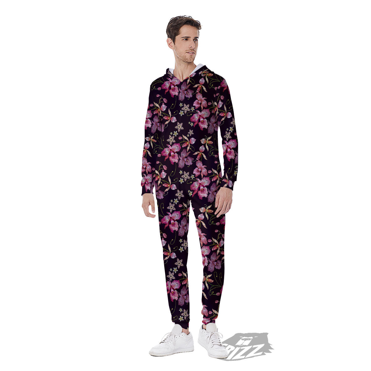 Flower Embroidery Orchid Print Pattern Men's Jumpsuit-grizzshop