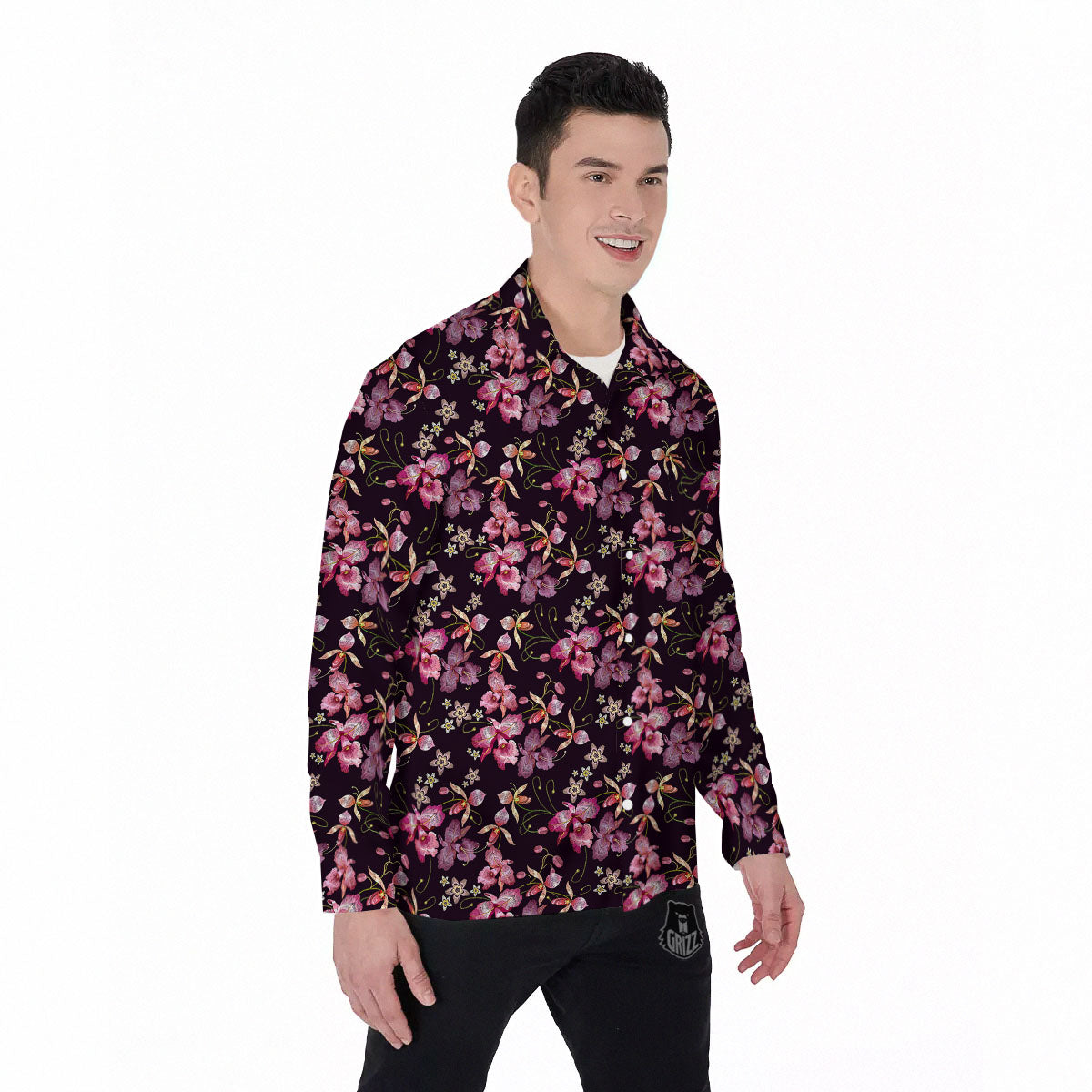 Flower Embroidery Orchid Print Pattern Men's Long Sleeve Shirts-grizzshop