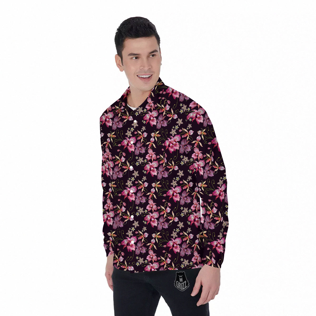Flower Embroidery Orchid Print Pattern Men's Long Sleeve Shirts-grizzshop